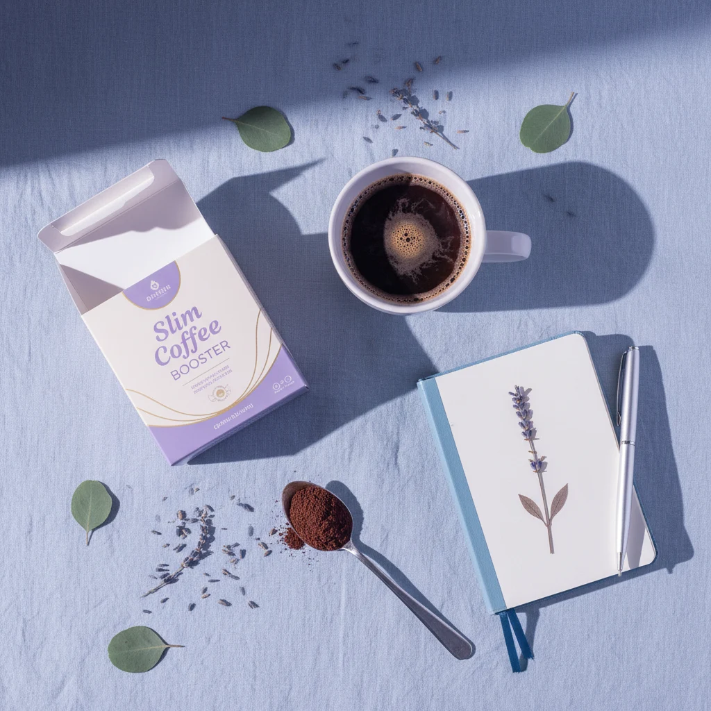 Morning flatlay with Slim Coffee Booster box, white mug, journal and coffee powder spoon on linen